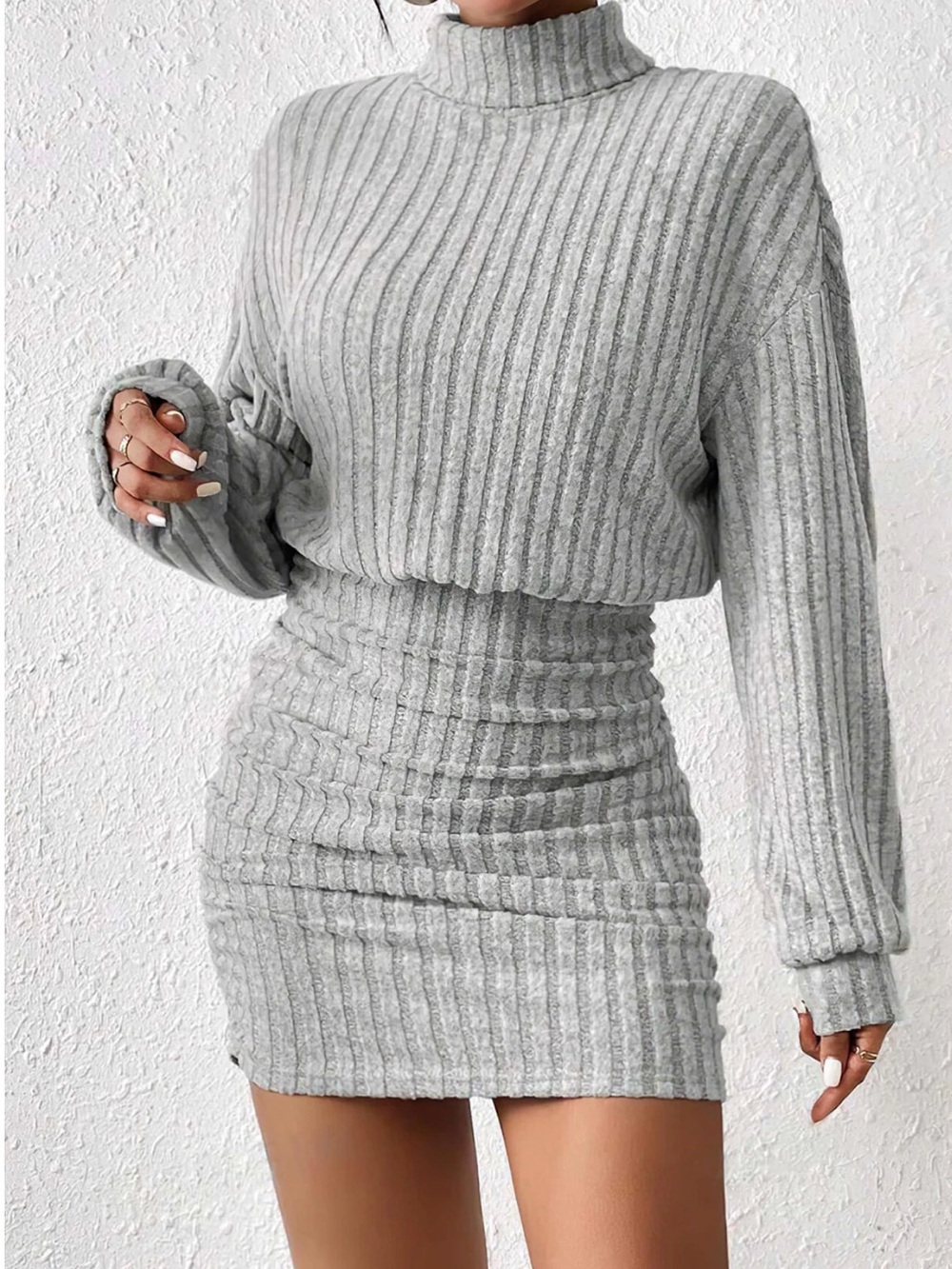 Cozy Ribbed Knit Sweater Dress in Light Gray